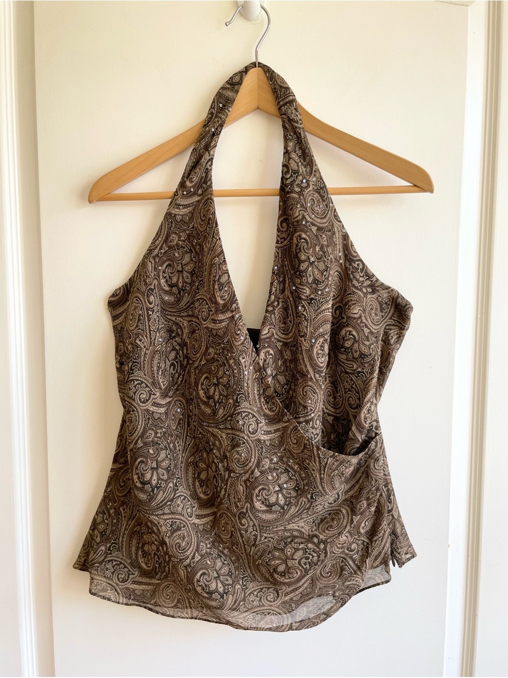 Vintage Y2K Ann Taylor 100% Silk Paisley Sequin Halter Top Size 10 Fairy Boho